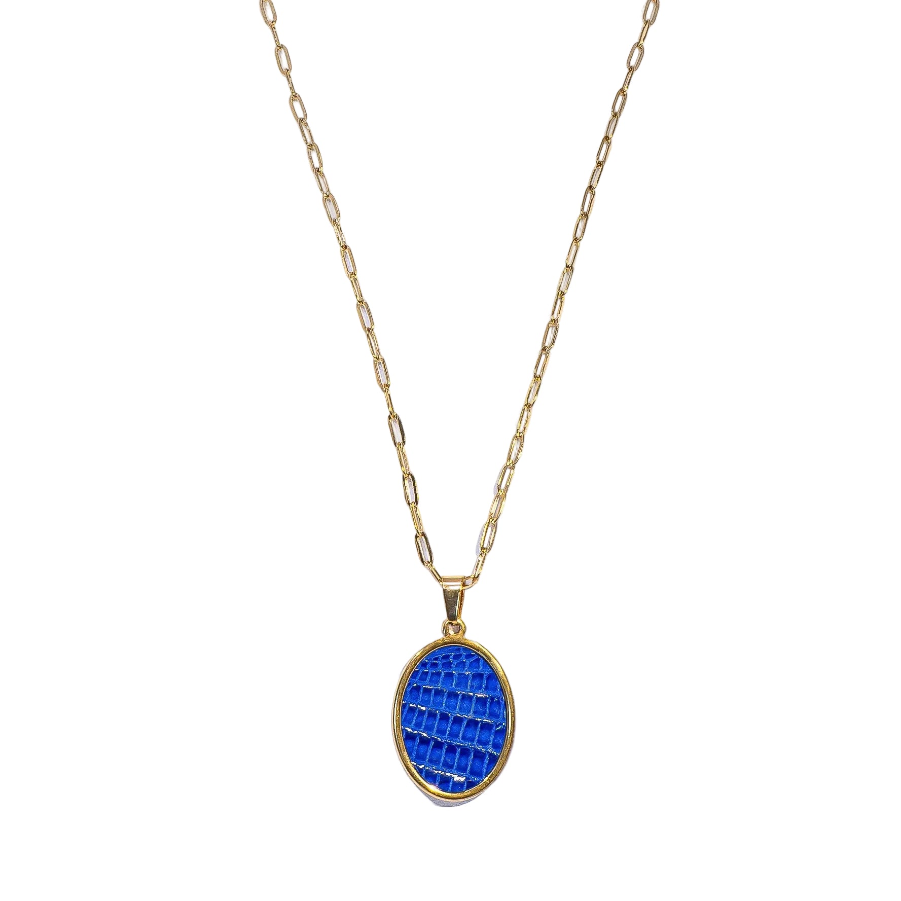 Gold necklace with a blue pendant on a white background